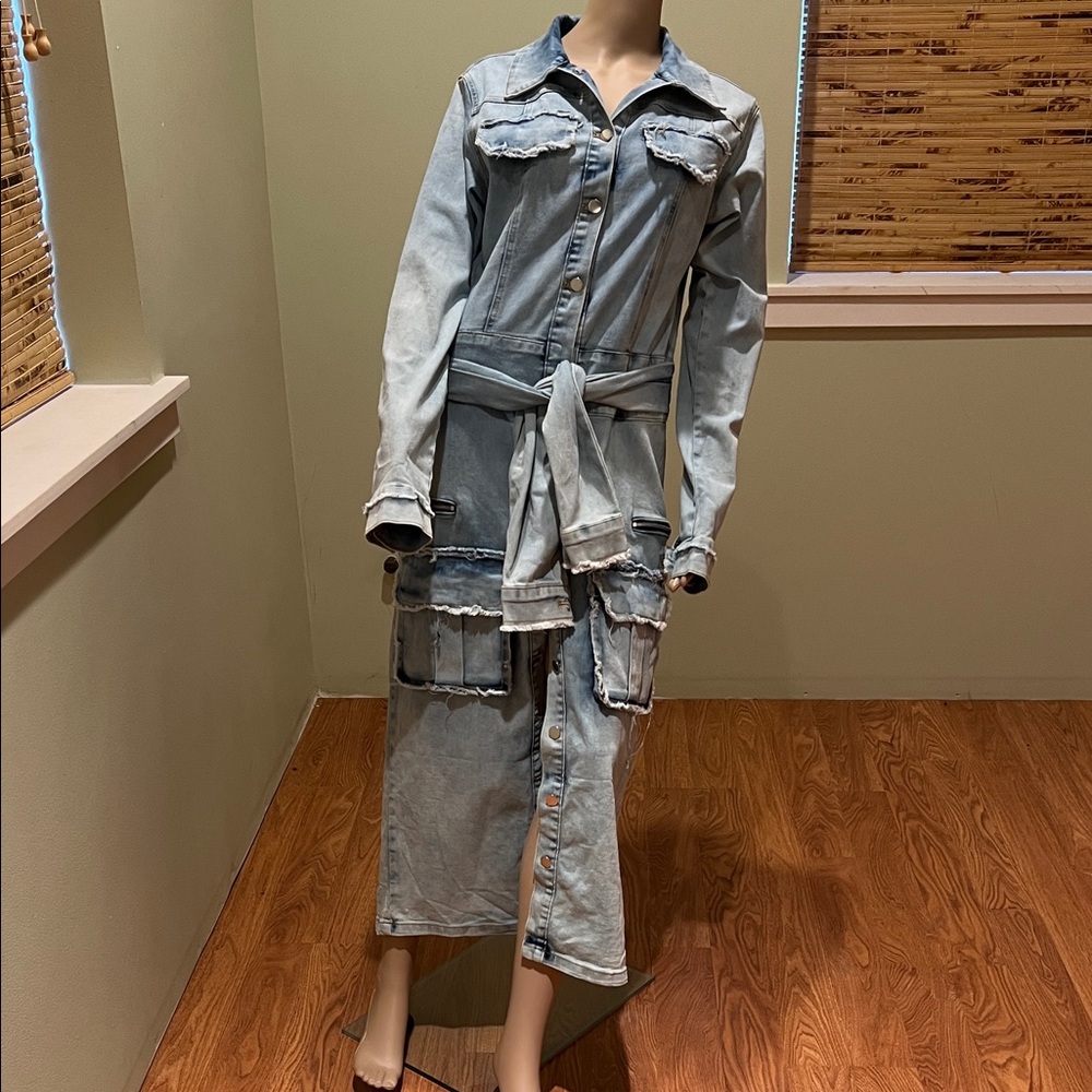 Akira Light Wash Denim Button-Front Maxi Dress or Coat Waist Tie size L - Picture 1 of 10